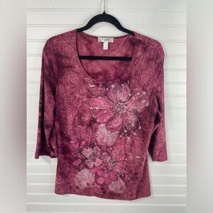 Dressbarn Purple 3/4 Sleeve Floral Embellished Bejeweled Graphic Blouse L